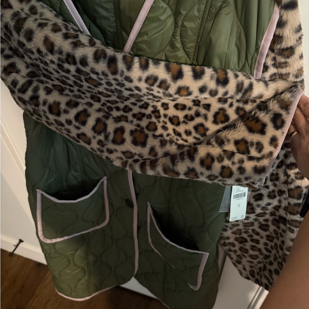RARE!! ANTHROPOLOGIE Olive Green and Leopard Print liner coat - Picture 3 of 6